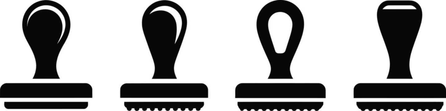 Office rubber stamp handle collection. Black silhouettes of vintage post and notary stamper tools isolated on white background.