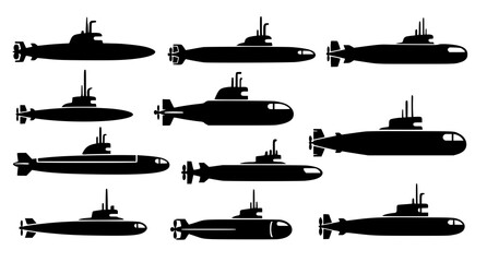 Collection of black submarine silhouettes representing naval military vessels in various profiles for maritime industry reports defense analysis and submarine fleet documentation © Neoviz Studio