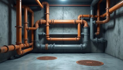 Fototapeta premium Industrial underground pipes carry water and waste through concrete walls and floor. Utility system with access manholes shows complex infrastructure, maintenance and engineering.
