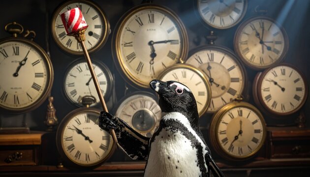 Penguin leading an orchestra of grandfather clocks