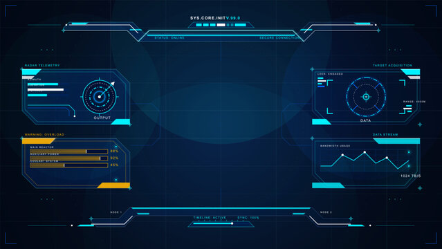 Futuristic blue HUD interface with radar telemetry, target acquisition, overload warning panel, data stream chart, secure status bars, and dark grid