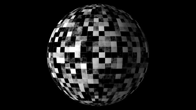 Looping pixel sphere scaling up and down. Zoom in out pixelated globe loop. Pulse animation checkered 3D sphere. 8bit pixel moon scale animation black background