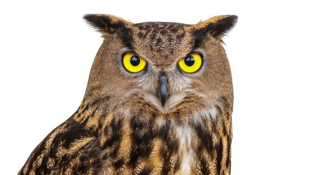 Eurasian eagle-owl with bright yellow eyes detailed feathers, isolated on transparent background