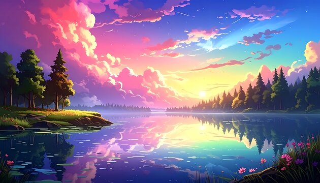 Vibrant hues paint a tranquil lake scene reflecting trees and sky under a dreamy, sunlit horizon