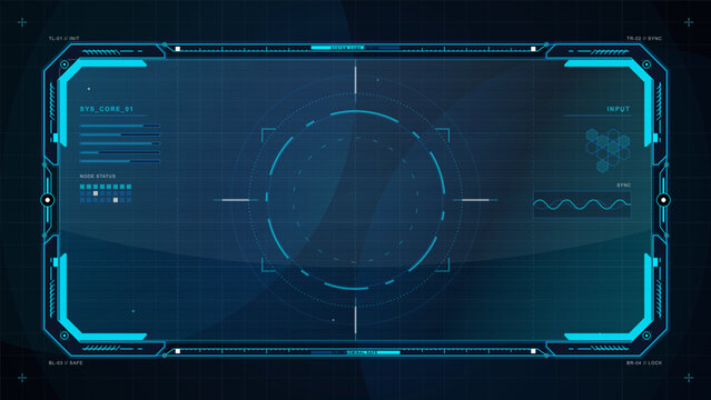 Futuristic cyan HUD interface with circular scanner, data panels, grid lines, waveform chart, and glowing frame on dark tech background