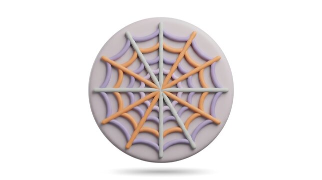 3D stylized spider web icon on circular base with pastel orange and purple colors isolated