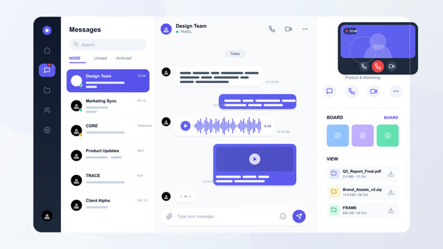 Modern flat messaging app dashboard with team chat, audio waveform, video call card, file list, contact sidebar, and purple interface panels