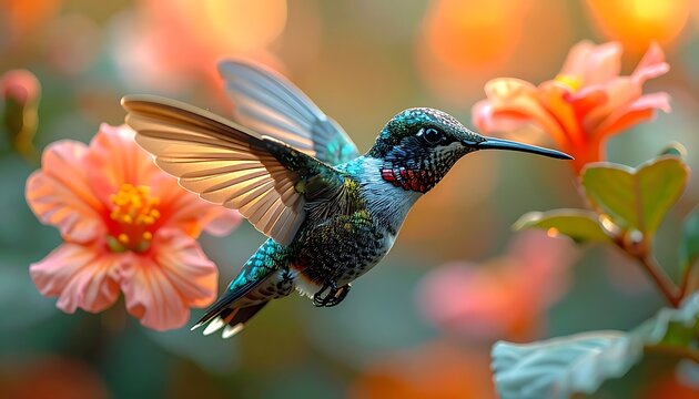 Vibrant hummingbird in flight, surrounded by soft peach-colored blossoms and warm golden light
