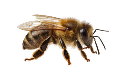 Fototapeta premium Detailed honey bee with fuzzy thorax and striped abdomen, isolated on transparent background