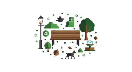 Obraz premium Flat Vector Illustration of City Park Elements with Bench, Trees, Dog, and Fountain