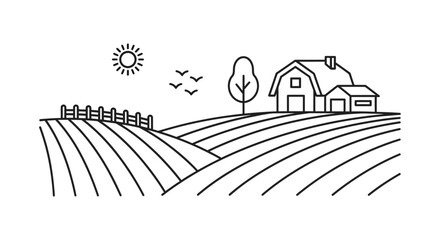 Countryside Farm Landscape with Barn and Fields Line Art On White Background  © Mohammed