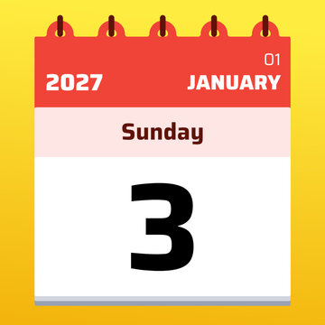 January 2027 daily calendar featuring number 3 with Sunday planner layout in bright yellow style. Modern vector illustration suitable for reminder, scheduling, and productivity themes