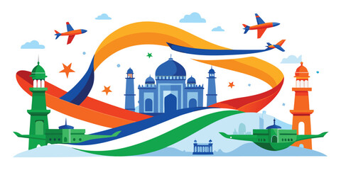 Taj mahal and indian landmarks with tricolor ribbons and airplanes © garin