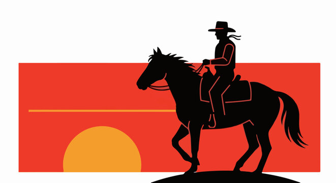 Silhouette of a cowboy on horseback against a vibrant sunset landscape