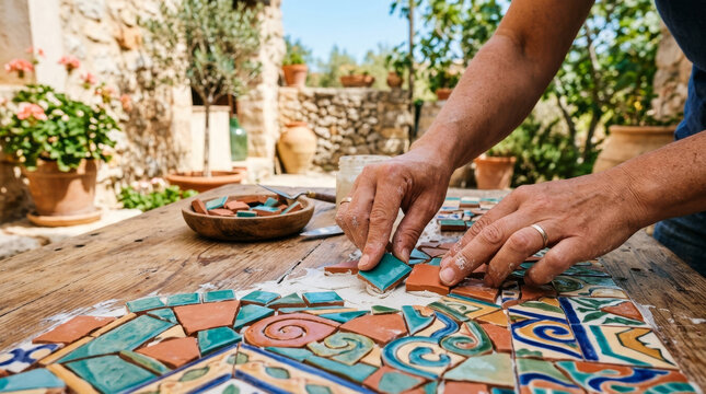 A craftsman delicately places colorful ceramic tiles on a wooden table under the sun, surrounded by lush greenery and vibrant flowers.