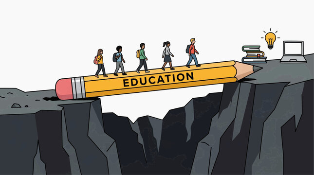 Students crossing a chasm on a pencil bridge symbolizing education leading to knowledge and technology