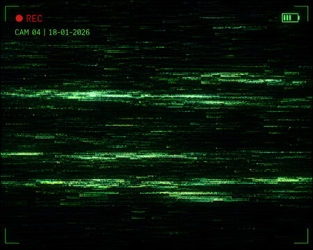 
Green night vision security camera screen with static glitch. Dark green surveillance camera screen with REC indicator, date, battery, and grainy digital effect.