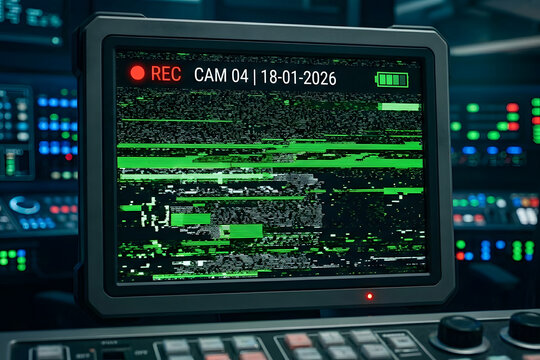 
Green night vision security camera screen with static glitch. Dark green surveillance camera screen with REC indicator, date, battery, and grainy digital effect.