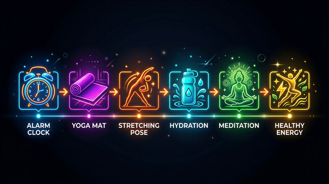 Morning routine for healthy energy yoga and meditation flow with alarm clock hydration and stretching