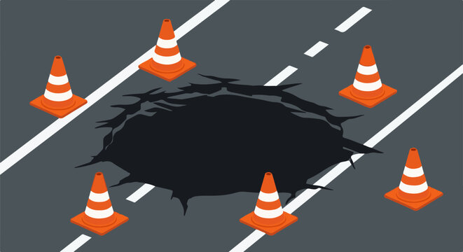 Orange traffic cones surround a large black pothole on a grey road