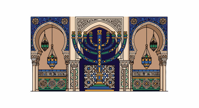 Ornate archway features a menorah and hanging lanterns, adorned with intricate geometric patterns