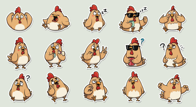 Funny Chicken Emotes, Cartoon Poultry Expressions for Stickers and Graphics