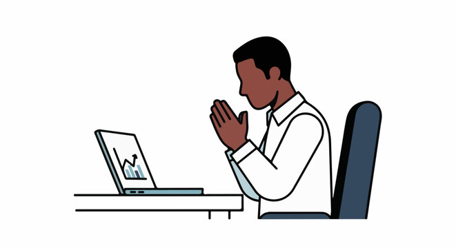 Man in white shirt praying at desk with laptop showing graph