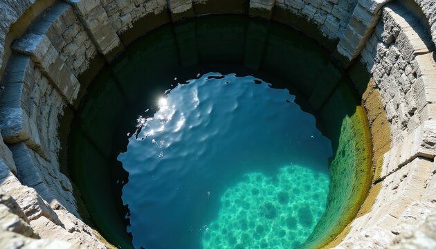 Deep stone well filled with clear blue water. Sunlight reflects on water surface. Well structure shows aged stonework. Refreshing view into natural resource. Water is clean and inviting.