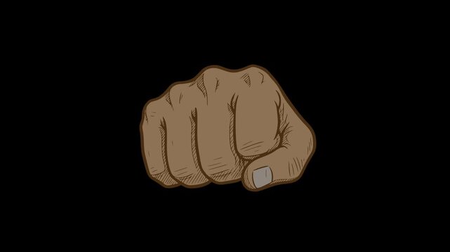 hand drawn 2d animation of a powerful front fist punch hitting forward with dark line style art on transparent alpha channel background for motion graphics and video editing transitions