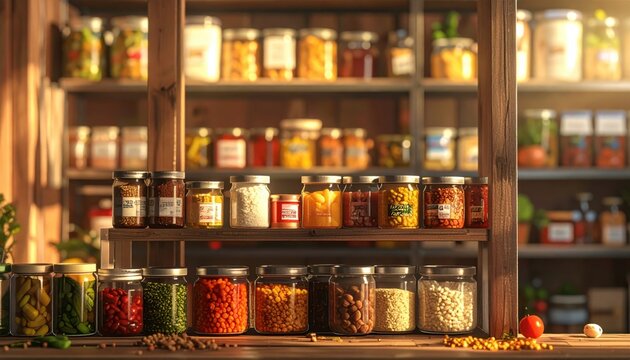 Abundant Pantry Shelves Filled With Jars of Preserved Foods Like Beans Rice and Vegetables