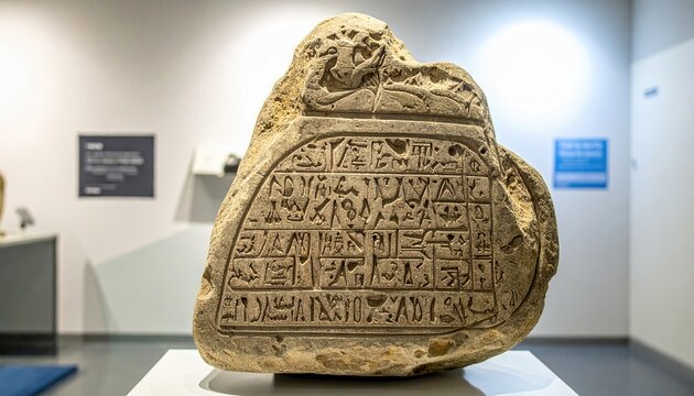Detailed Replica of the Rosetta Stone Featuring Ancient Egyptian Hieroglyphs, Demotic Script, and Greek Text