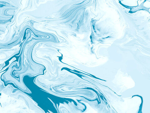 Abstract fluid art background in icy blue and white tones with marble texture
