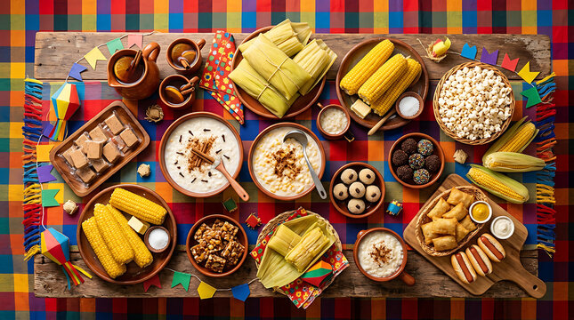 Festa Junina Feast: A vibrant overhead view of a traditional Festa Junina spread, showcasing an abundant assortment of corn-based delicacies, sweet treats, and savory snacks, set against a colorful.