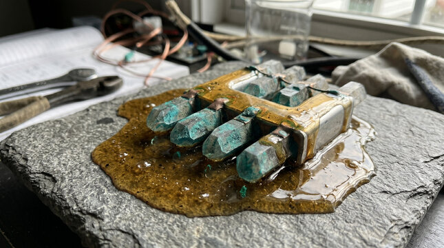 Amber Organic Electrolyte Fluid on Zinc Battery Anode Plate