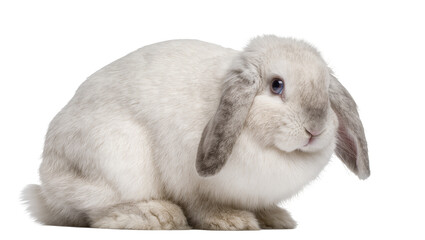 Fluffy grey lop-eared rabbit sitting calmly, isolated on transparent background © Claudia
