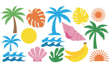 Obraz premium Set of tropical summer elements featuring palm trees and sea shells isolated on white background for vacation design themes
