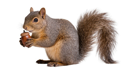 Gray squirrel holding a brown acorn, isolated on transparent background © Claudia
