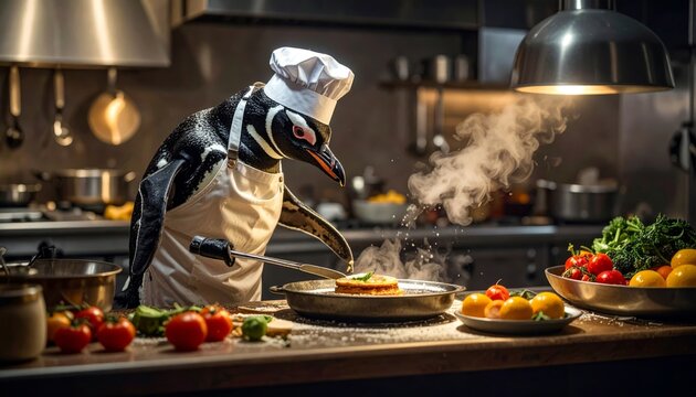 Penguin chef expertly flips pancake in busy kitchen