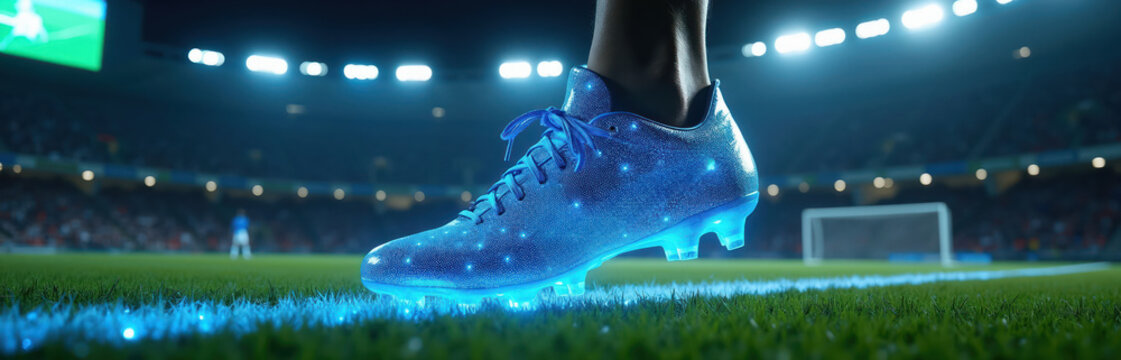 Futuristic soccer boot glows blue on illuminated stadium grass. Athlete stpic near white line on pitch at night. Intense game under bright stadium lights. Future of sport tech. Speed.