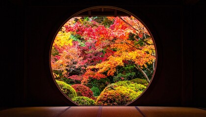Naklejka premium 暗い寺院の窓から覗く色鮮やかに輝く京都の紅葉の風景