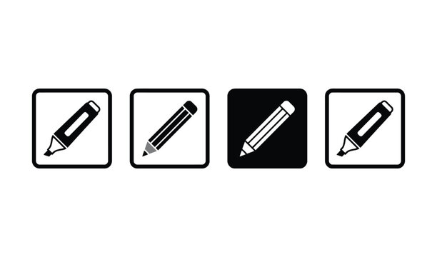 Vector icons of various pencils and pens in squares for drawing and writing