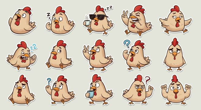 Funny Chicken Emoticons Set: Expressive Cartoon Birds with Various Emotions