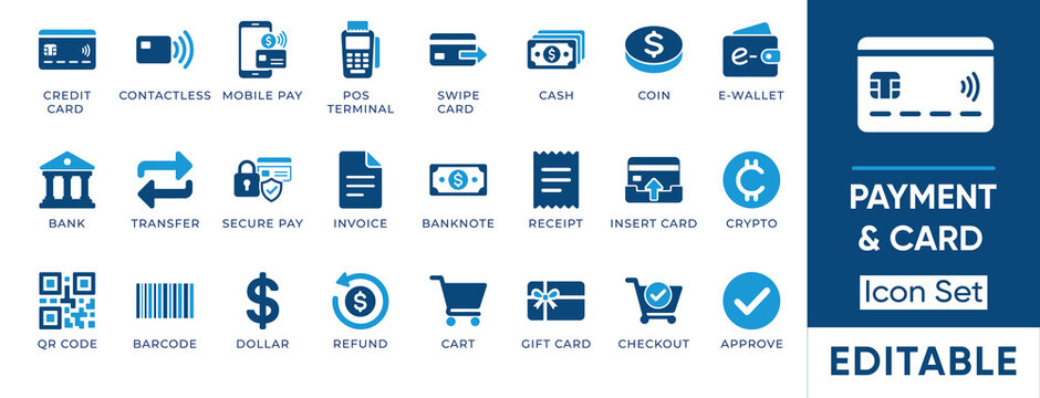 Payment and card solid icon set. Featuring symbols for pos terminal, mobile wallet, invoice, and crypto. Vector icons for ecommerce and banking presentations.