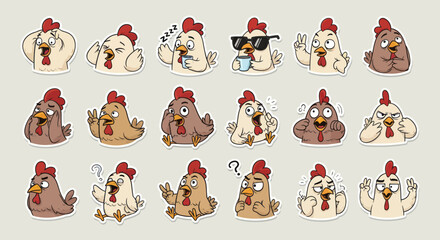 Fototapeta premium Funny Chicken Emoticons, Expressive Farm Bird Stickers, Cute Cartoon Poultry Icons