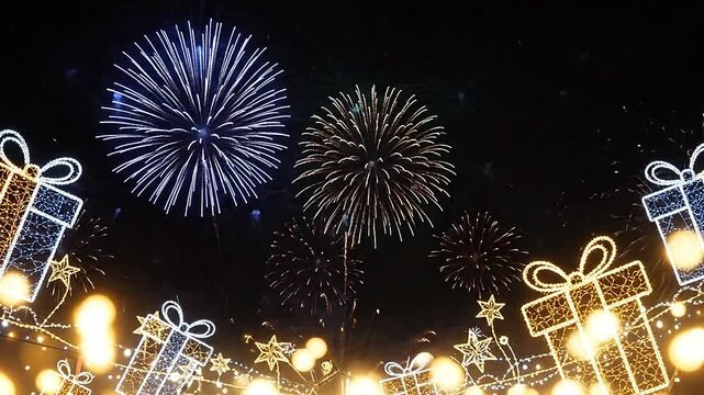 Bright colorful fireworks explode above glowing gift box decorations at night