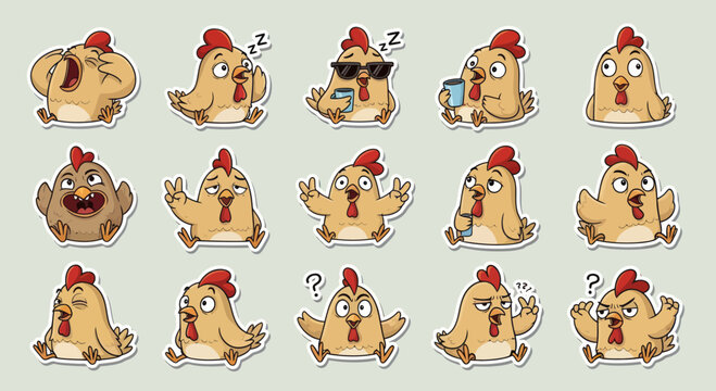 Funny Chicken Emoticons Stickers Collection, Cute Cartoon Bird Expressions