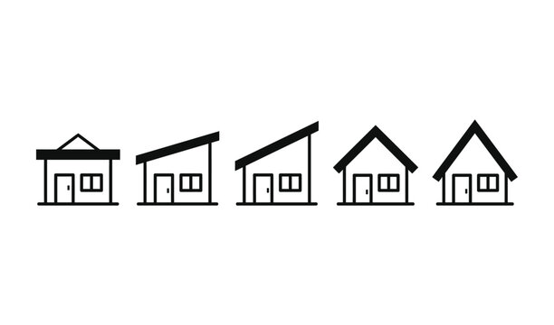 Set of four simple black and white house icons with different roof styles