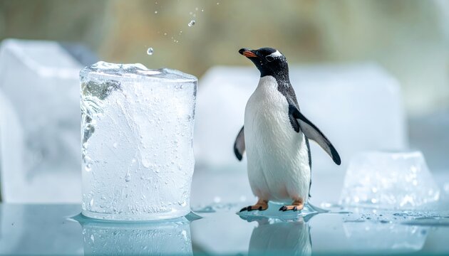 Penguin Stands Beside Melting Ice Cube on Reflective Surface