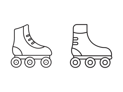 Line drawing of two roller skates side by side with four wheels on bottom  classic skate design
