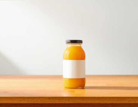 Orange juice glass bottle mockup template with blank label on wooden table